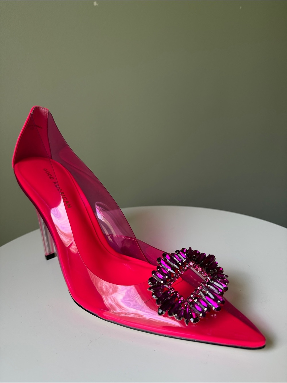 Good American Cinder-F*cking-Rella Pink Lucite Crystal Pointed Toe Pumps Size 12